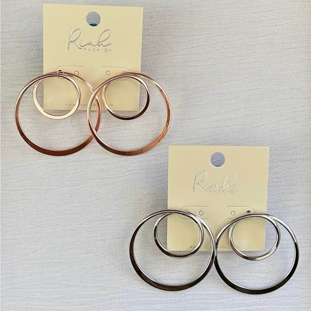 Riah Fashion Double Hoop Earrings Silver & Rose Gold 2 pairs